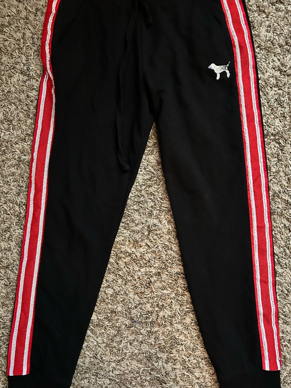 PINK Bling Victoria's Secret Black Joggers with Red Side Stripes